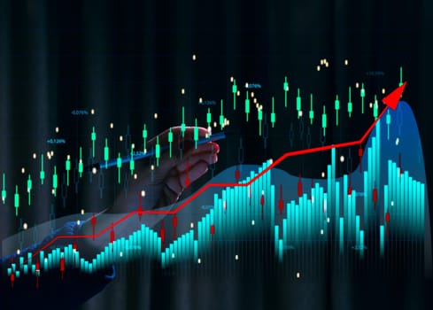 Virtual neon graph and female hand, profit analysis and sales growth dynamics, blue background