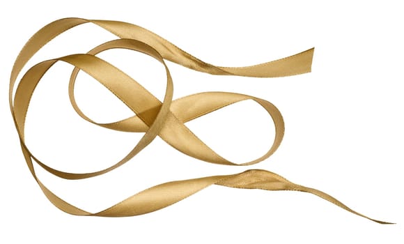 Piece of golden satin ribbon on isolated background, close up