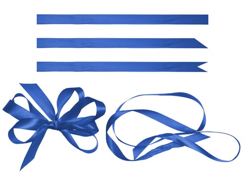 Blue silk ribbon, bow on an isolated background. Decor for packaging