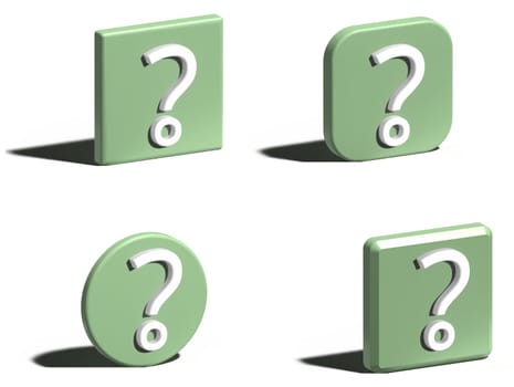 Various green shapes with white question mark and shadow on isolated background, 3D rendering illustration