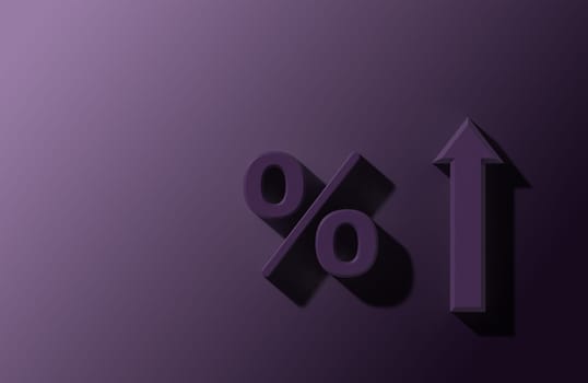 Percentage and up arrow with shadow on purple background, 3D rendering illustration