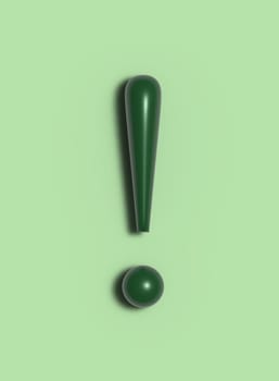 Green exclamation mark with shadow on a light green background, 3D rendering illustration