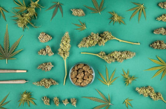 Flat lay, Medical marijuana, cbd,  Cannabis buds, hemp leaves concept