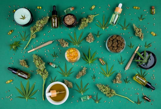 Flat lay, Medical marijuana, cbd,  Cannabis buds, hemp leaves concept