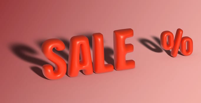 Inscription sale and interest, red shiny surface with shadow, inflated symbols. 3D rendering illustration