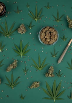 Flat lay, Medical marijuana, cbd,  Cannabis buds, hemp leaves concept