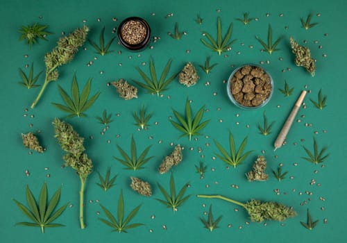 Medical marijuana, cbd,  Cannabis buds, hemp leaves concept