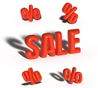 Inscription sale and interest, red shiny surface with shadow, inflated symbols. 3D rendering illustration