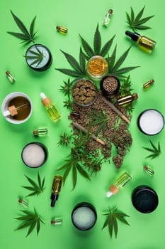 Cannabis leaves with marijuana, cbd, Flat lay composition