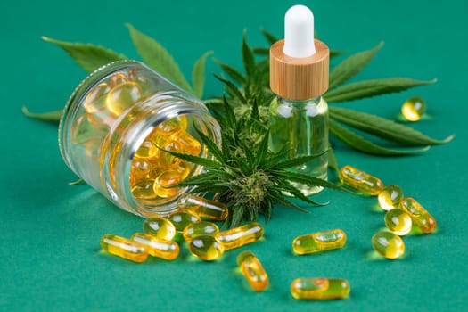 Cbd oil and marijuana plant, hemp seeds, medical marijuana concept