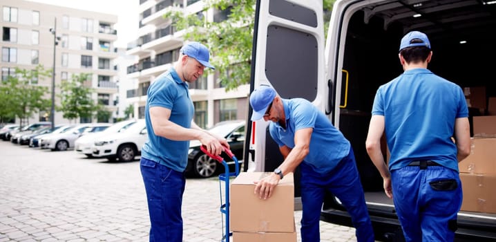 Efficient supply chain management in action: movers unloading cardboard boxes from delivery truck on busy urban street. Professions: mover, courier, manager.