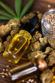 Oil cbd, cannabis and hemp leaves, medical marijuana concept