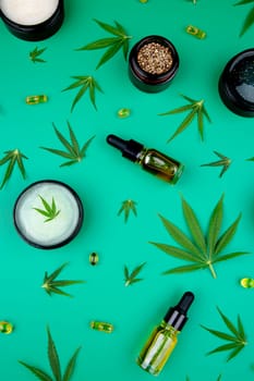 Flat lay composition, cbd, Cannabis leaves with marijuana