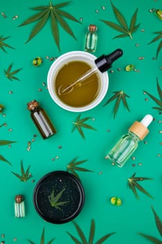 Cbd cannabis hemp buds, marijuana and cannabis leaves, medical cannabis concept