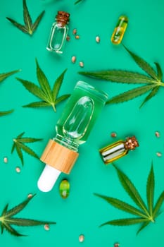 Cannabis leaves with marijuana, cbd, Flat lay composition