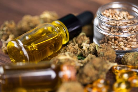 Oil cbd, cannabis and hemp leaves, medical marijuana concept