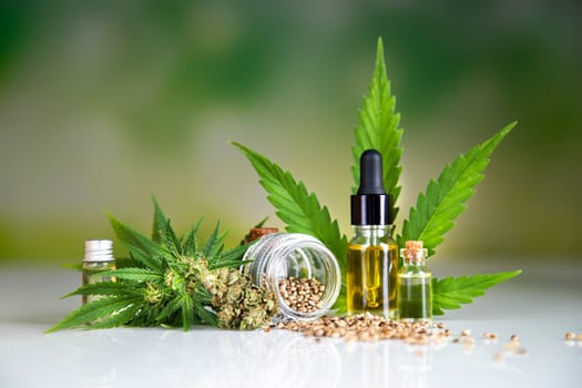 Oil cbd, cannabis and hemp leaves, medical marijuana concept