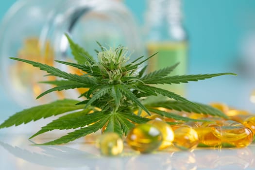 Cannabis leaf and capsules cbd on a white background. top view
