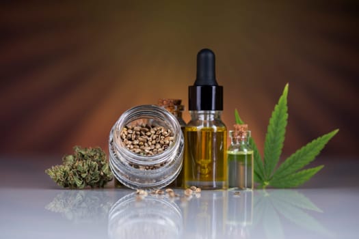 Bottles of cbd oil, marijuana and hemp