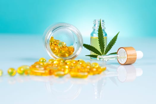 Set of essential oil cbd in a glass bottle, with a pipette, marijuana concept