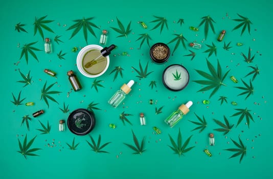 Cbd cannabis hemp buds, marijuana and cannabis leaves, medical cannabis concept