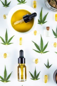 Cbd oil and marijuana plant, hemp seeds, medical marijuana concept