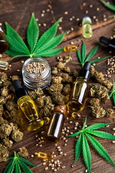Cbd oil and marijuana plant, hemp seeds, medical marijuana concept