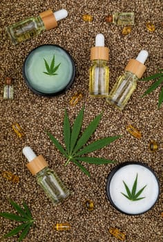 Oil cbd, cannabis and hemp leaves, medical marijuana concept