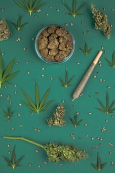 Flat lay, Medical marijuana, cbd,  Cannabis buds, hemp leaves concept