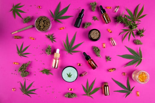 Flat lay composition, cbd, Cannabis leaves with marijuana