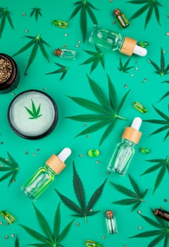 Cbd cannabis hemp buds, marijuana and cannabis leaves, medical cannabis concept
