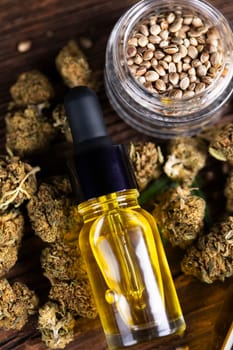 Oil cbd, cannabis and hemp leaves, medical marijuana concept