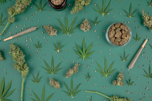 Flat lay, Medical marijuana, cbd,  Cannabis buds, hemp leaves concept