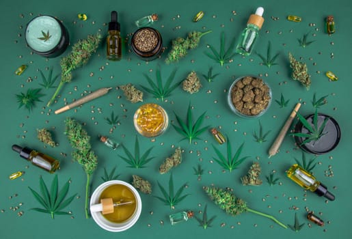 Medical marijuana, cbd,  Cannabis buds, hemp leaves concept