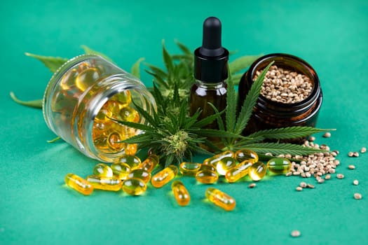 Oil cbd, cannabis and hemp leaves, medical marijuana concept