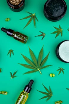 Flat lay composition, cbd, Cannabis leaves with marijuana