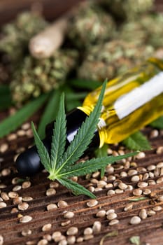 Oil cbd, cannabis and hemp leaves, medical marijuana concept