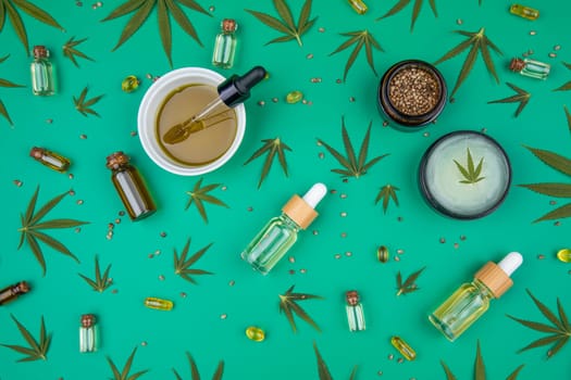 Cbd cannabis hemp buds, marijuana and cannabis leaves, medical cannabis concept