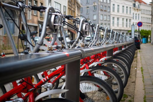 Antwerp, Belgium, July 7th 2024: View on Antwerp Velo shared City bikes
