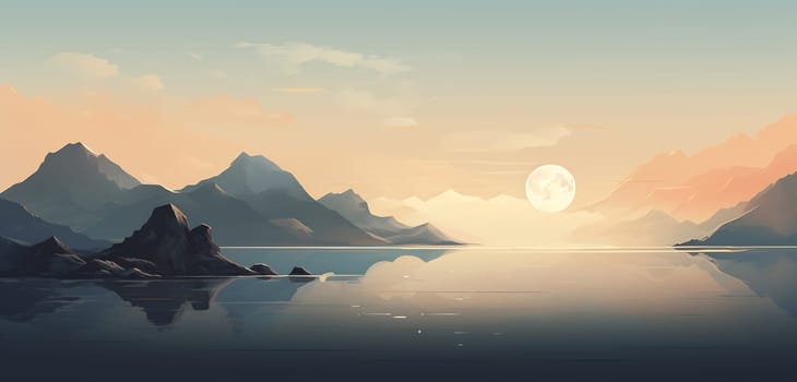 A painting showcasing towering mountains overlooking a crystal-clear body of water, capturing the beauty of natures raw elements.