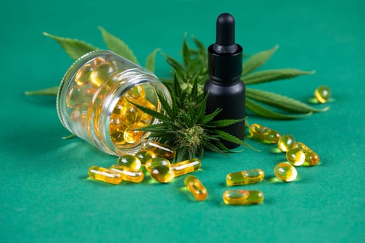 Oil cbd, cannabis and hemp leaves, medical marijuana concept