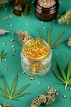 Medical marijuana, cbd,  Cannabis buds, hemp leaves concept