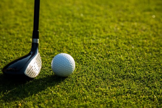 Golf player playing in a golf club on a beautiful sunset in the evening