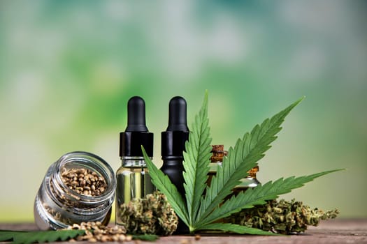 Bottles of cbd oil, marijuana and hemp