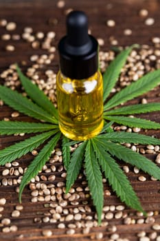 Cbd oil and marijuana plant, hemp seeds, medical marijuana concept
