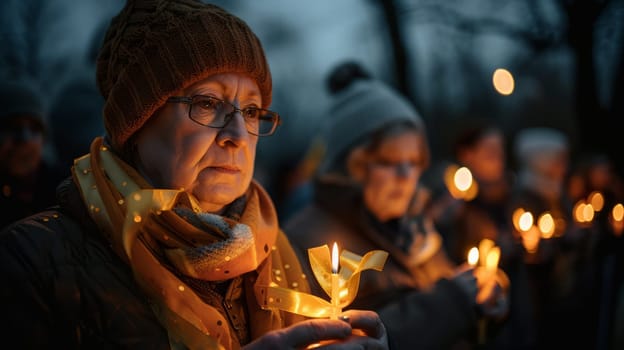 group People of all ages holding lit candles in a calm atmosphere of night vigil.