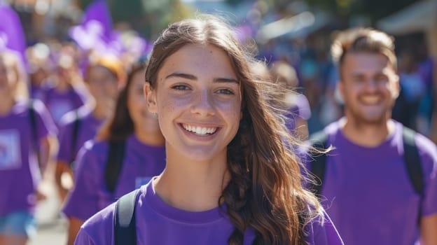 A charity walk with young participants in purple T-shirts and banners raising funds for Alzheimer's research.
