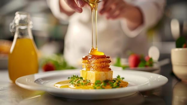 The chef pours honey over the finished dish in the kitchen, demonstrating honey as a culinary ingredient.