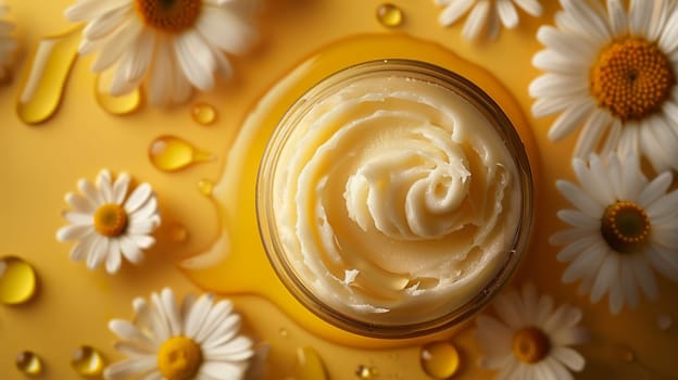 Honey enriched body lotion on a yellow background surrounded by daisies.