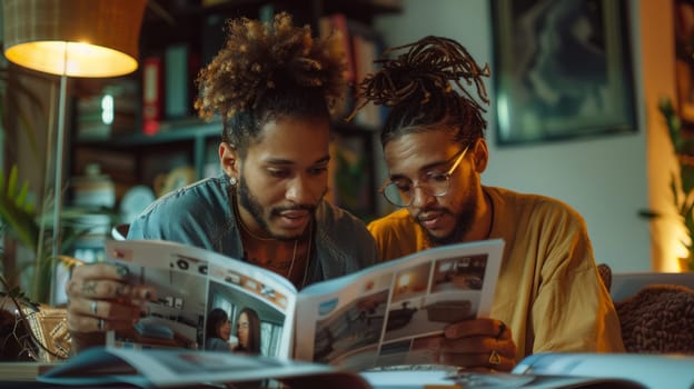 Young couple sitting at home looking at furniture catalogs.